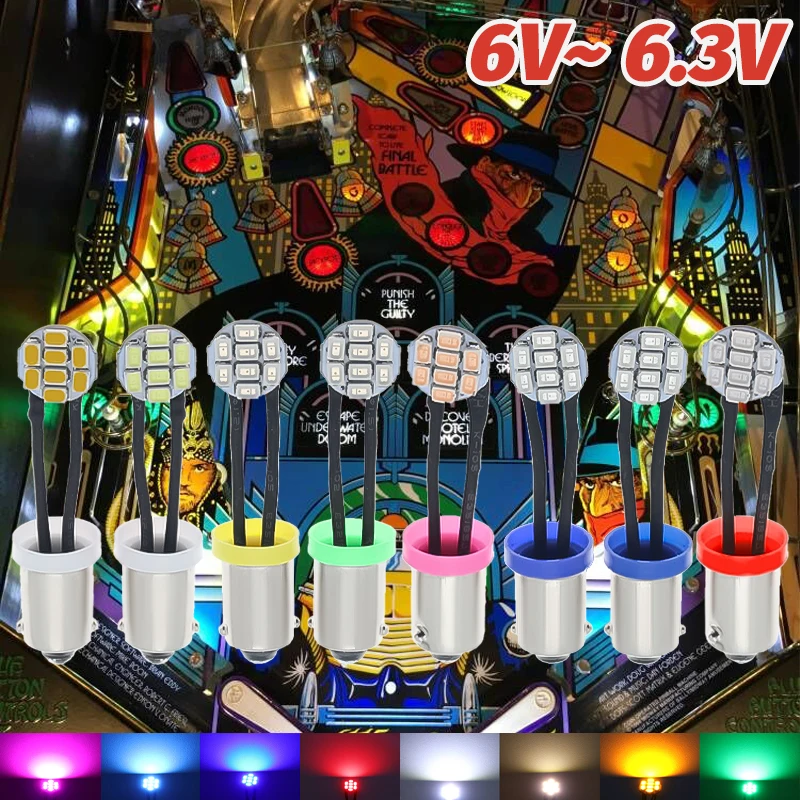 50pcs BA9S T4W #44 #47 8smd 1206 Base with Flexible Wire Various Color Non polarity AC DC 6V 6.3V Pinball Game Machine Led Bulbs