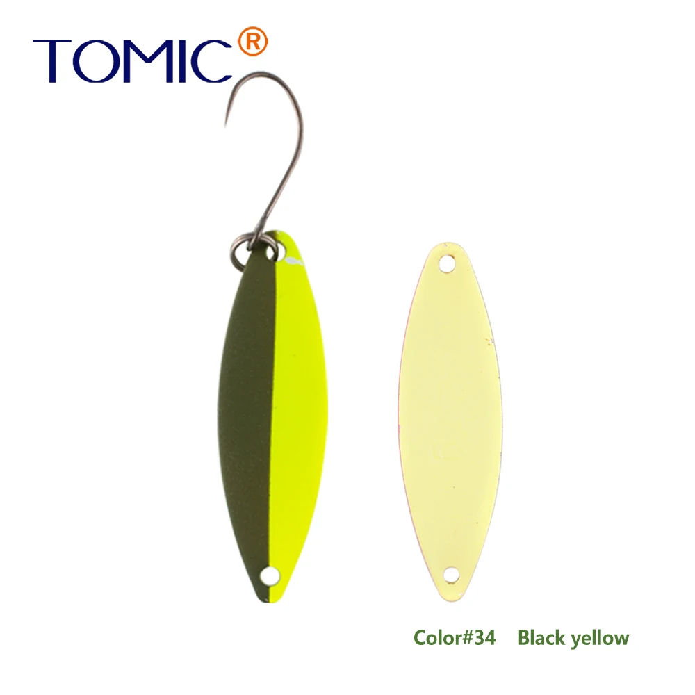 Tomic 1 шт. 1,6 г 2,7 г 3,5 г микро узкие латунные металлические ложки УФ сверкающие цвета окунь форель области один крючок рыболовные приманки Pesca - Цвет: black yellow