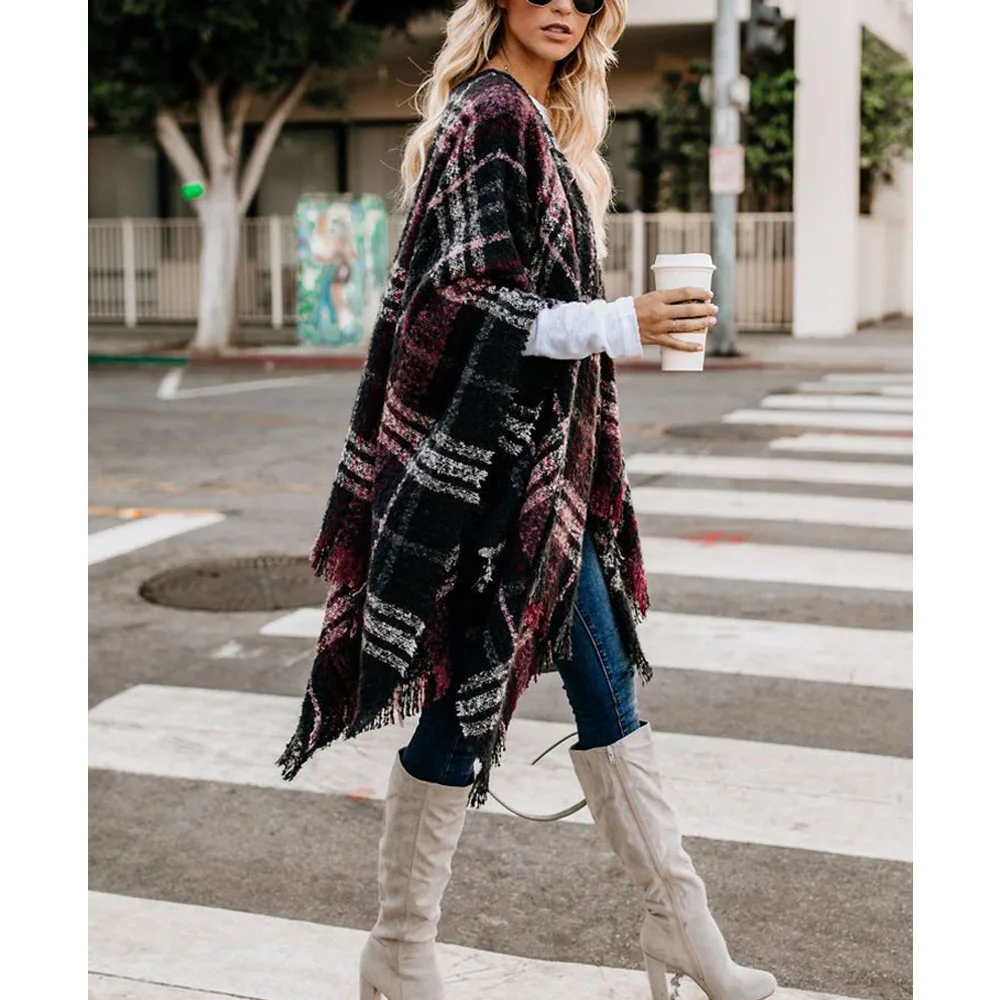 Женский вязаный кардиган винно-Красный Клетчатый теплый зимний шарф одеяло