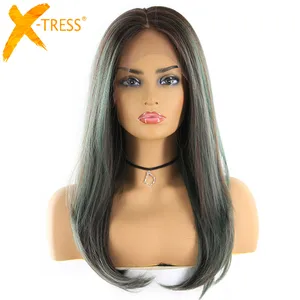 Омбре зеленый цвет кружевные передние парики для женщин X-TRESS длинные прямые синтетические волосы парик свободная часть с детскими волосами