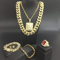 luxury men gold watch necklace pendant bracelet ring earring combo set crystal miami necklace chain hip hop for men