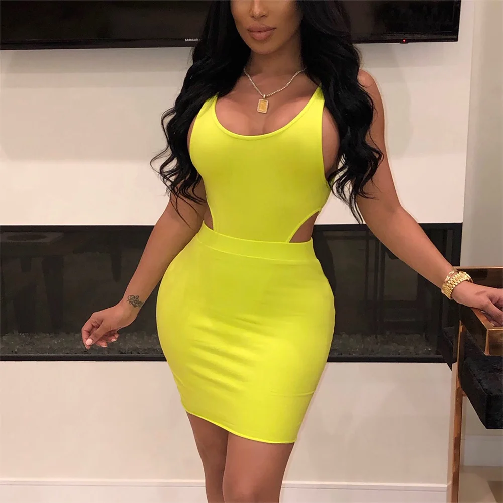 Bikitique сплошной цвет жилет на подтяжках полый плотный посылка бедра юбка костюм