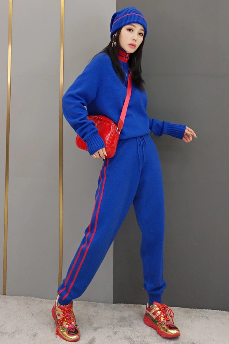 

2020 Promotion Full Drawstring Sequined New Winter Fashion Knitted Suits Women Suit Casual Navy Turtleneck Pants Two-piece