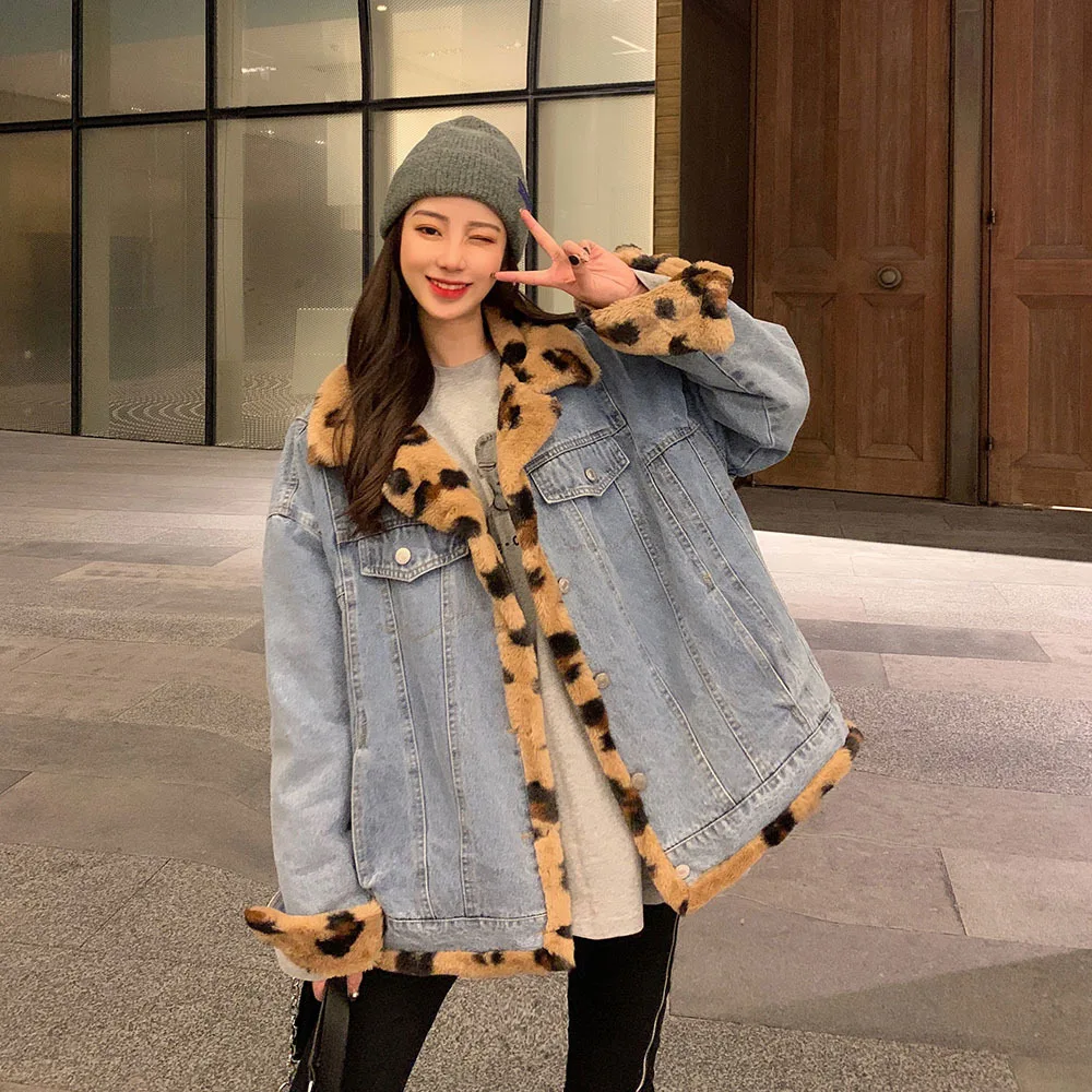 

Autumn Women's Denim Jacket Chic Leopard Print Double-sided Wear Cowboy Coat Winter Faux Rabbit Fleece Warm High Street Outerwea