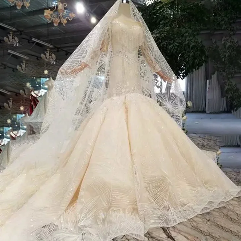 Женское свадебное платье с юбкой-годе LSS357 круглым вырезом длинными рукавами и