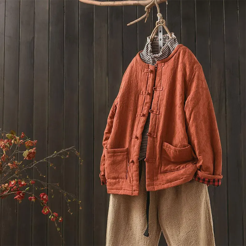 

Женская утепленная жаккардовая куртка, однобортная свободная утепленная куртка из хлопка с длинным рукавом, в винтажном стиле, V765, для осен...