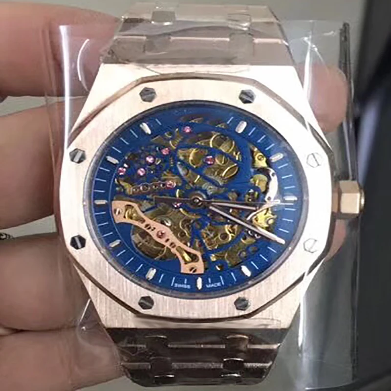 Люксовый бренд автоматические механические розовое золото синие мужские часы с