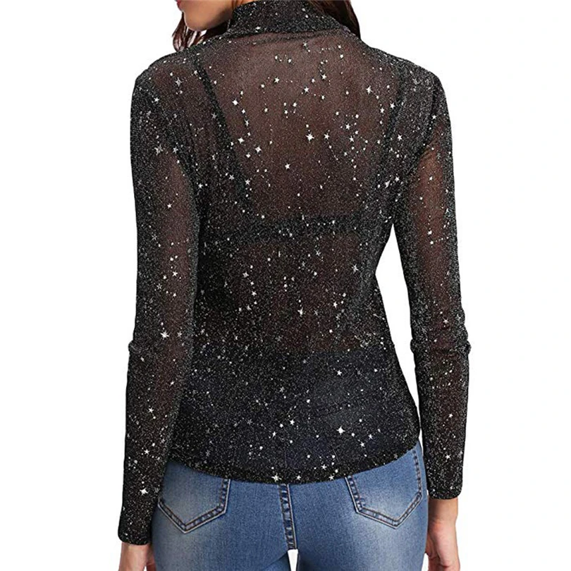 

Sexy Women's shirt See Through Seamless Mesh Sheer Shirt Blouse Women's blouse Long Sleeve Round Neck Lace Rhinestone shirts J20