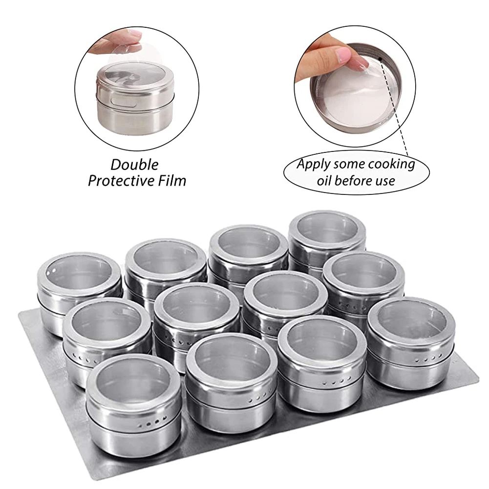 

Spice Jars Set BBQ Spice Tins Cans Stainless Steel Seasoning Storage Box Container Stickers Tray Kitchen Restaurant Cruet 12PCS