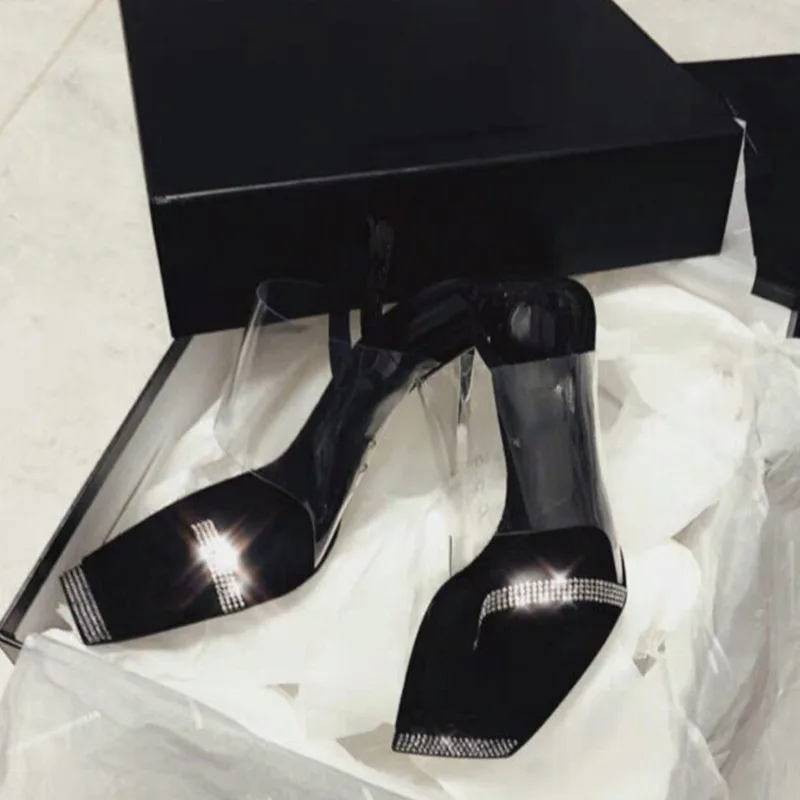 

2020 New Summer Women Slides Fashion Square toe Transparent PVC with Crystal Lady Sandals Female Sandals