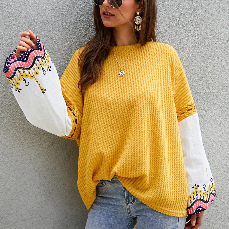 

GBVLGAR Women Autumn Loose Women Embroidery Blouses Knit Female Bohemian Lantern Long Sleeve Hollow out Knitted Tops and Blouse