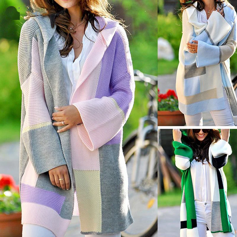 Весенний женский свитер с капюшоном и открытым спереди Модный вязаный кардиган в