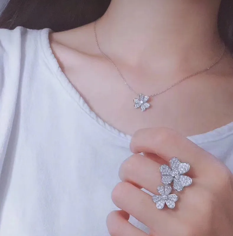 hot brand jewelry 925 stelring silver between the finger ring cz zircon flower petal Frivole style three leaf clover | Украшения и