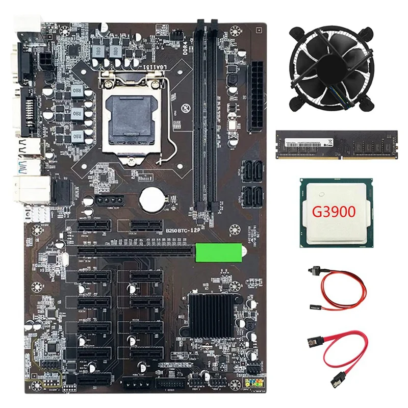 

Материнская плата B250 BTC для майнинга 12 PCIE LGA1151 с кабелем SATA + коммутационный кабель + процессор G3900 + охлаждающий вентилятор + DDR4 8 Гб 2133 МГц ОЗУ