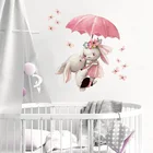 Акварельные парные Банни, летающие с зонтиком, настенные Стикеры для детской комнаты, фотообои, декор для розовой девушки