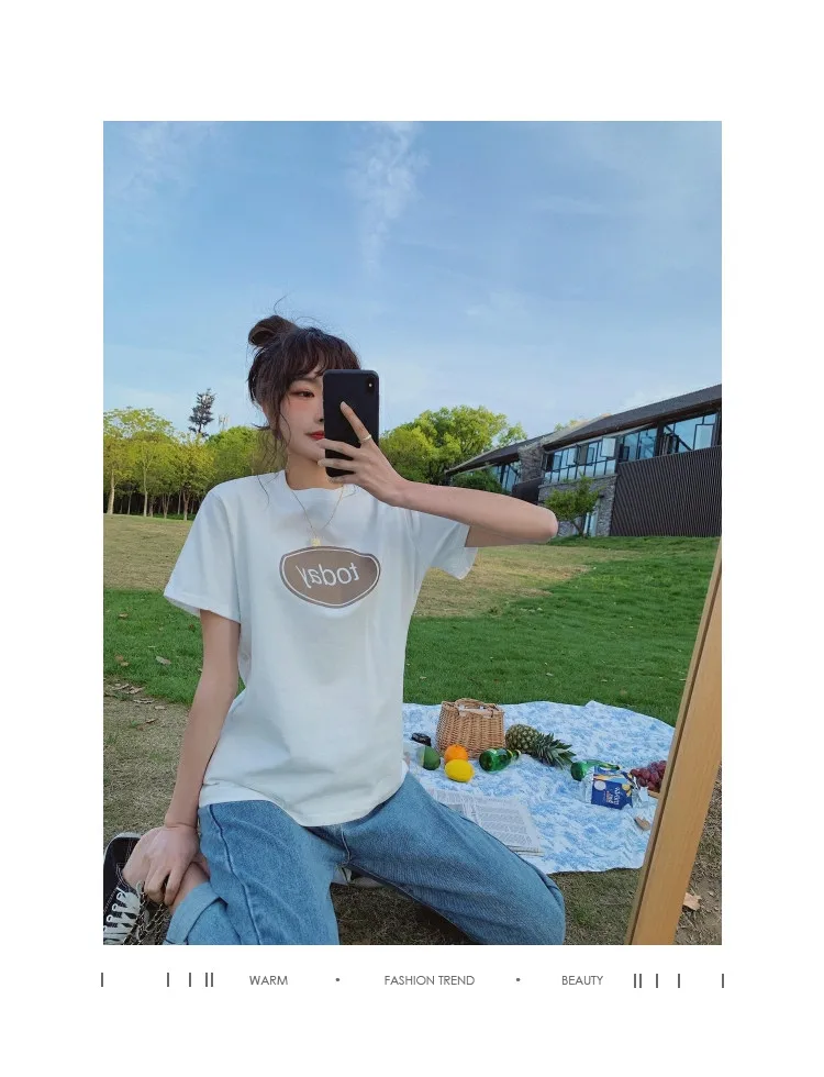 

Women's Short-Sleeved T-shirt 2021 Summer New Korean Style Loose round Neck Print Top Half Sleeve T-shirt Inner Bottoming Shirt