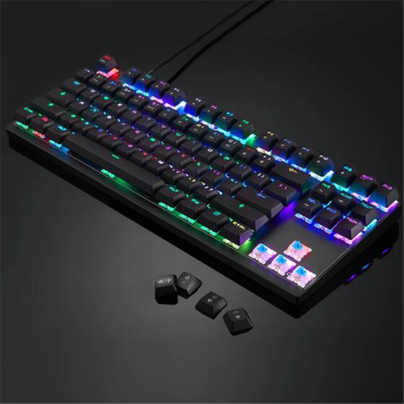 Механическая клавиатура фоновая подсветка RGB светодиодный проводной компьютерная игровая клавиатура, синие/красные переключатели, 87 клавиш N-Key rolover(черный и розовый