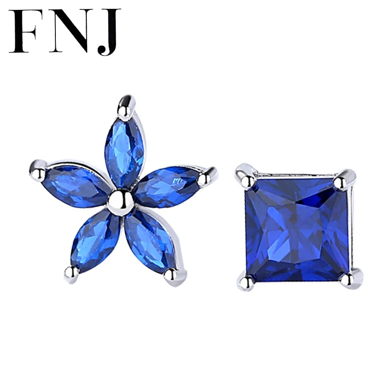 

FNJ Asymmetry Star Square Earrings 925 Silver Jewelry Original Pure S925 Sterling Silver Stud Earring for Women Blue Zircon