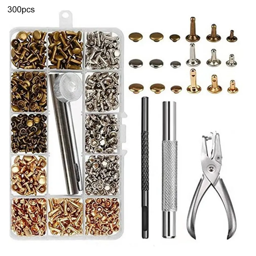 

300Pcs Leather Rivets Double Cap Rivet Tubular Metal Studs with Punch Pliers Fixing Tools for DIY Leather Craft Rivets Rep Set