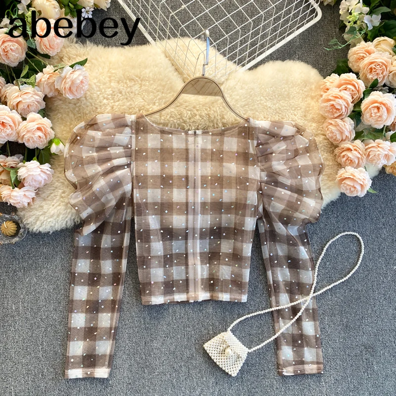 

Design Shiny Mesh Blouse Women Korean Puff Sleeve Zipper O Neck Slim Top Autumn Fashion Streetwear Plaid Short Blouses