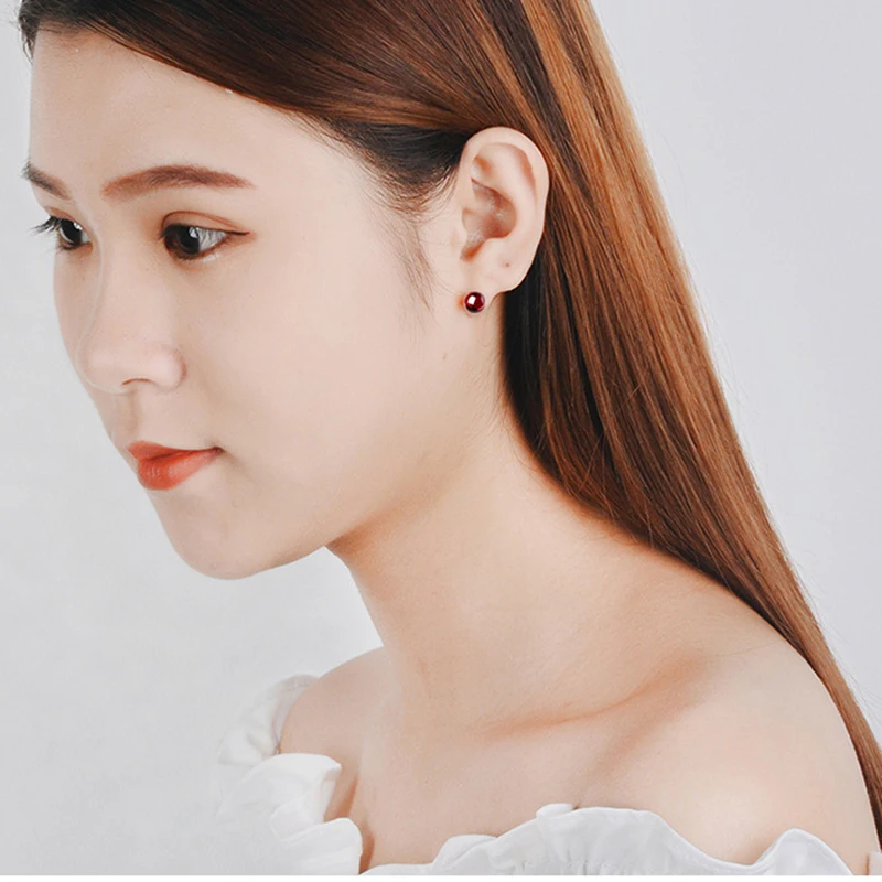 

MEYRROYU 925 Sterling Silver Simple Fashion Red Beads Small Stud Earrings Ladies Birthday Engagement Party Jewelry
