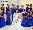 Синий платье подружки невесты es V образным вырезом пол Длина Эластичного Атласа в африканском стиле; Платье подружки невесты размера плюс для женщин на свадьбу
