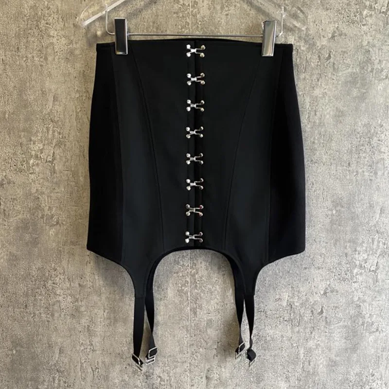 

DEAT High Elastic Waist Half-body Black Patchwork Asymmetrical Single Breasted Skirt Women Fashion New Summer Autumn 2021 7E1130