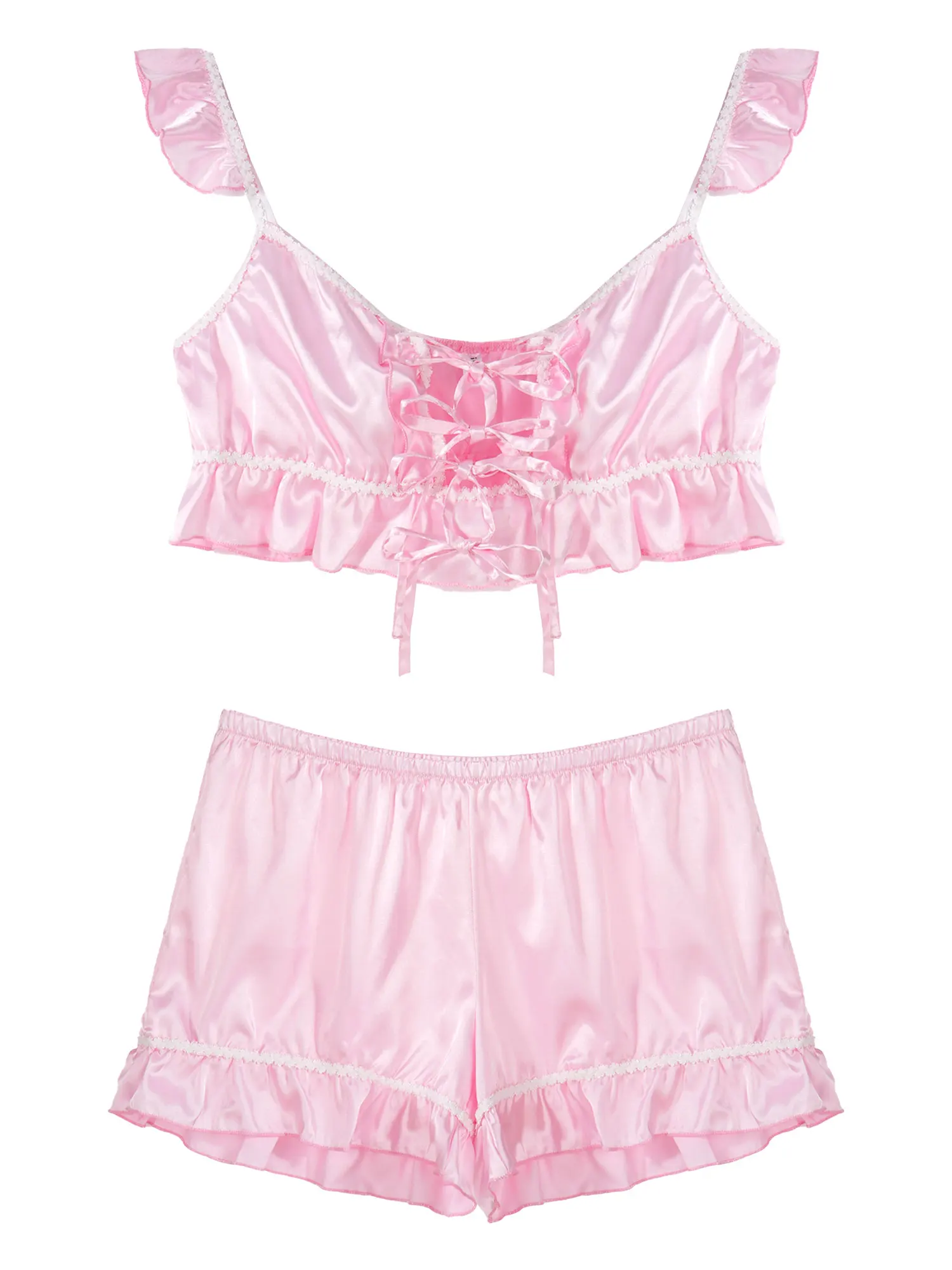 Mens Erotic Sissy Nightwear Satin Lingerie Set Lace-up Front Ruffled Bra Top with Shorts Sexy Underwear Sets