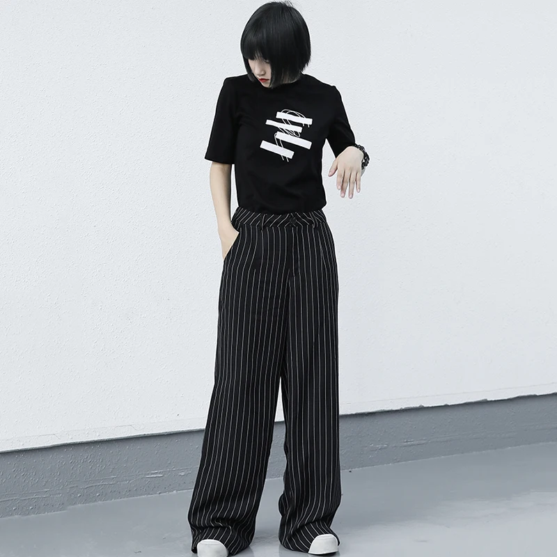 [EAM] High Waist Black Striped Long Casual  Wide Leg Trousers New Loose Fit Pants Women Fashion Tide Spring Autumn 2021 1DD8617