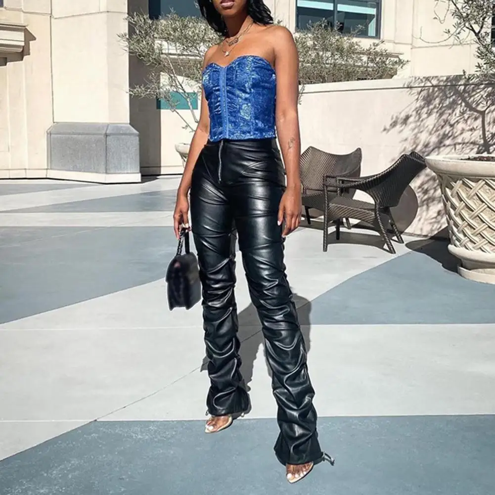 

Брюки женские из искусственной кожи с высокой талией, однотонные