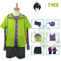 anime sk8 the infinity miya chinen cosplay costume green short sleeved hoodie striped t shirt shorts wig sport party outfit