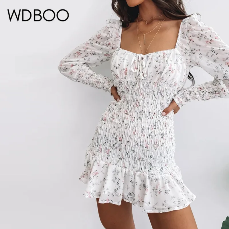 

WDBOO Retro Square Collar Lantern Long Sleeve Floral Ruffle Dress Women Spring Summer Chiffon Elegant Dresses