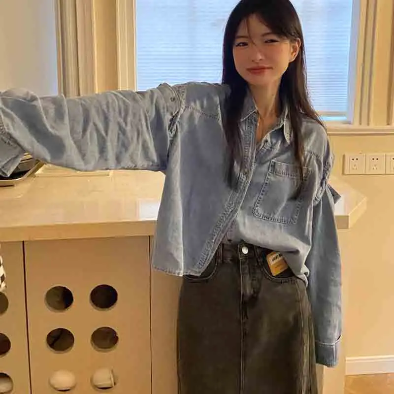 

Korean Style Vintage Gothic Do Old Women Denim Jacket Coat For Tops Autumn Off Shoulder Street Tooling Cowboy Loose Tide Jacket
