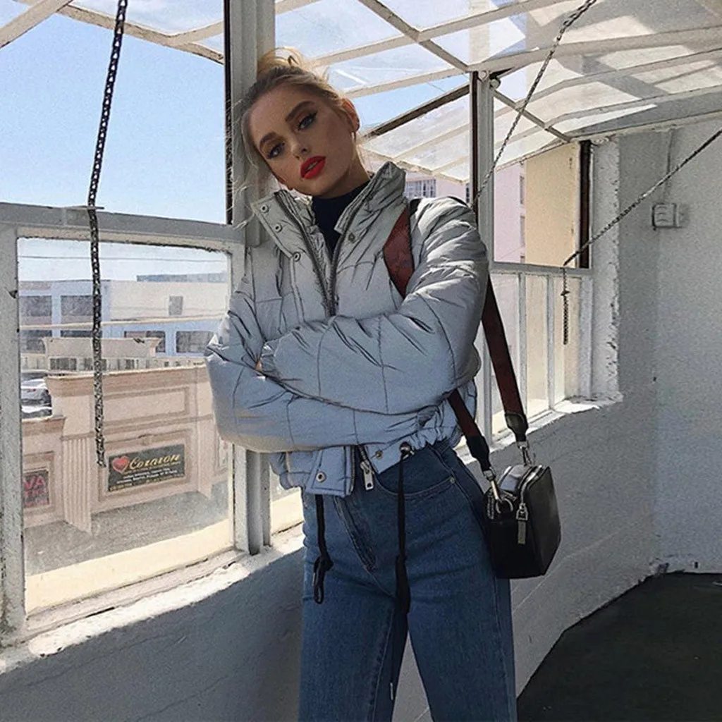 Пальто зимнее модное светоотражающее короткое сохраняющее тепло женское