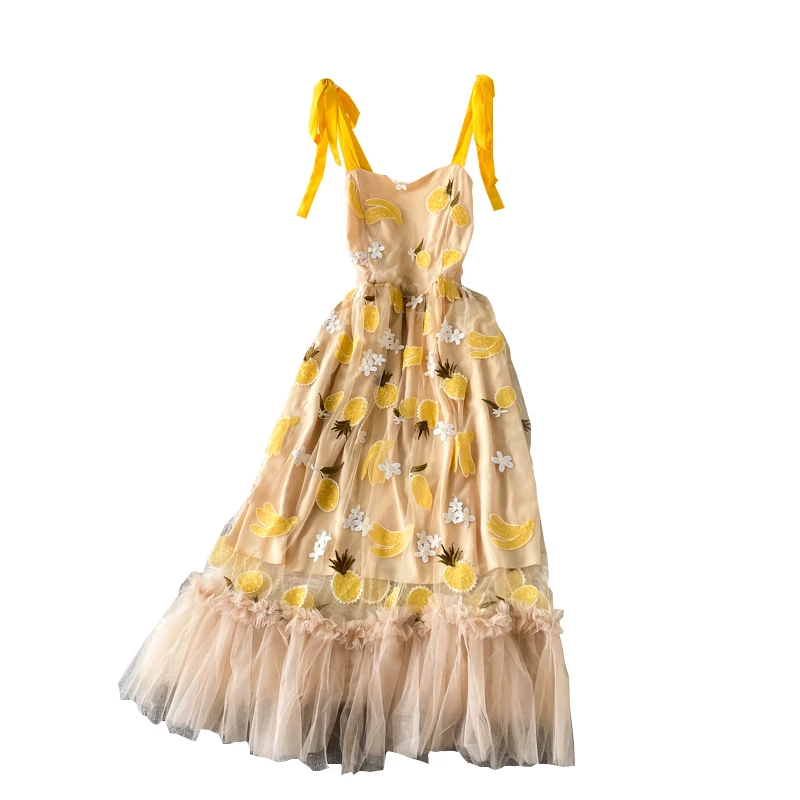

2021 Summer Backless Sequin Embroidery Gauze Dress Slim Mesh Goddess Girls Suspender bodycon Yellow Lace Long Maxi Women