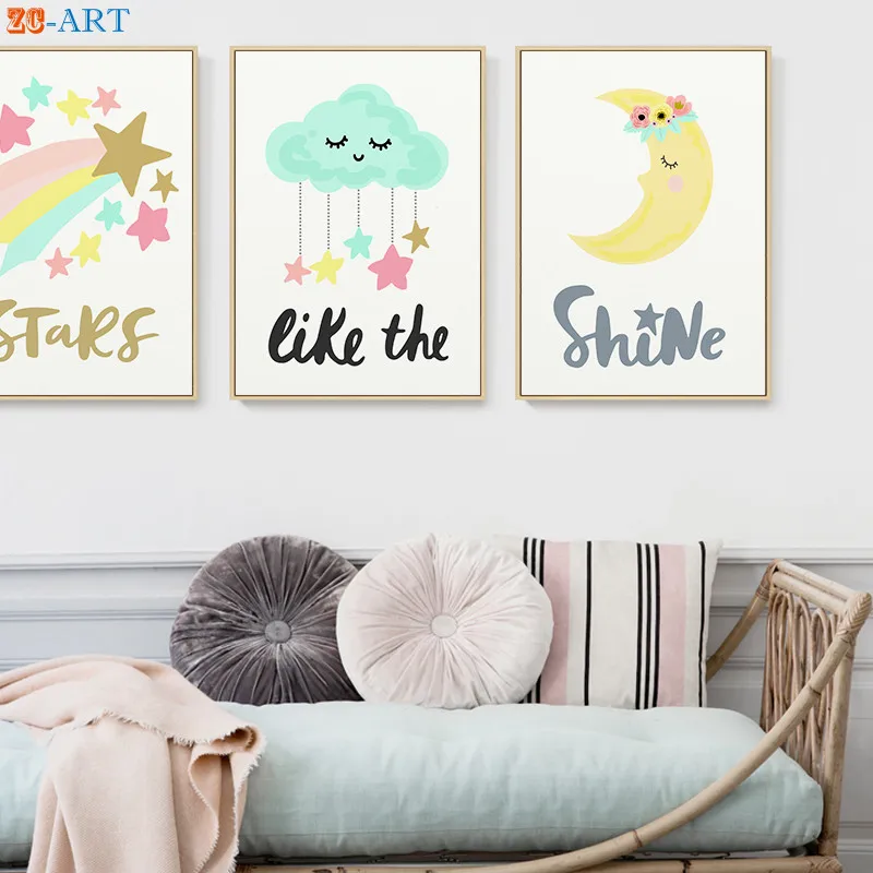 Звезда облако принты акварель искусство погода картина для девочек комната