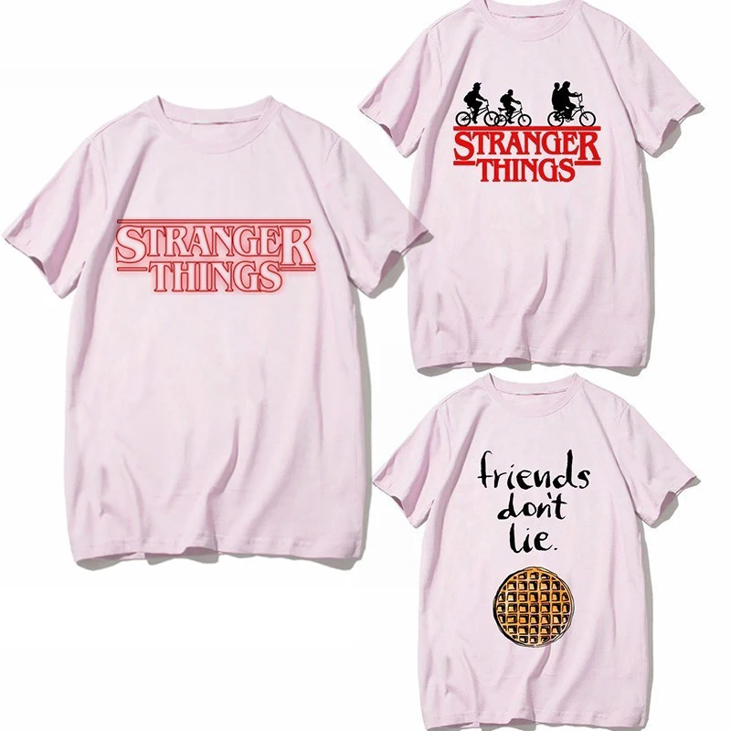 

Funny T-Shirt Women Stranger Things T Shirt Summer Anime Upside Down Eleven Tshirt Short Sleeve Male Women Homme Pink Shirt