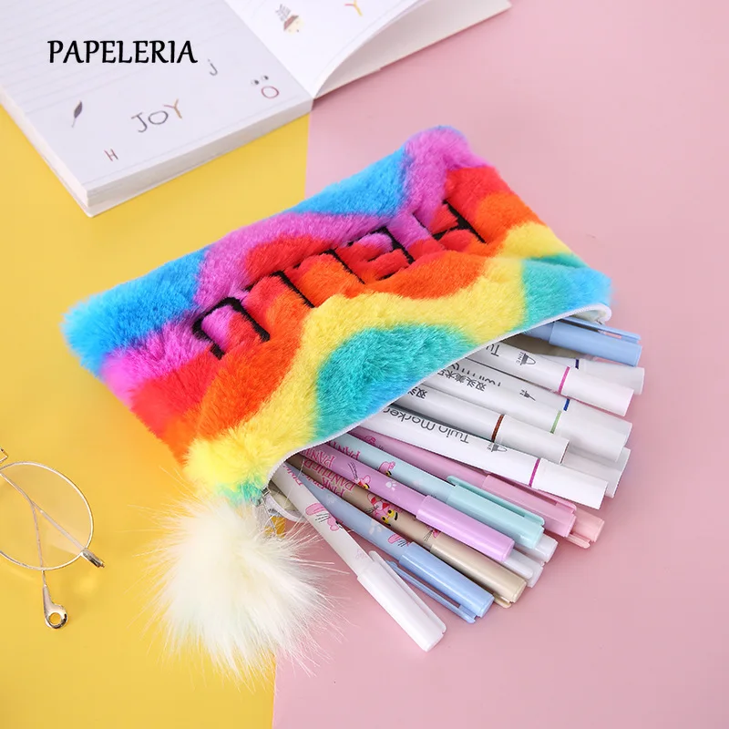 

Rainbow Plush Pencil Case School Cute Hairball Zipper Pencil Cases for Girls Stationery Holle Pencil Bag Office School Supplies