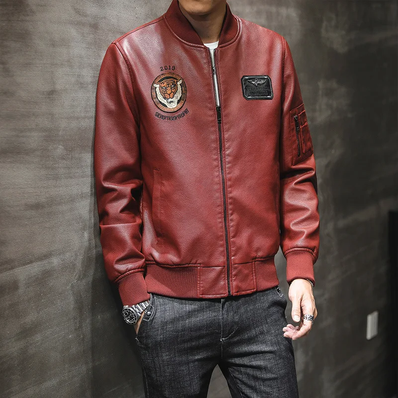 Мужская кожаная куртка бомбер с вышивкой дизайнерская мотоциклетная из