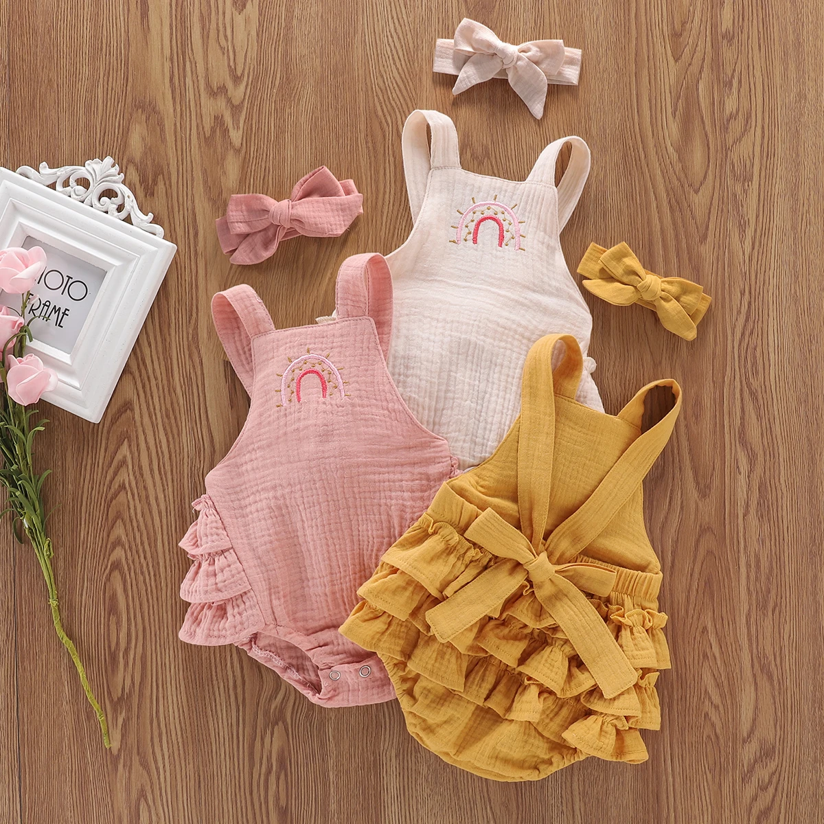 0-24M Newborn baby Girls Boys Rainbow Ruffles Romper Sleeveless Backless Bodysuit +Headband Clothing For Summer | Мать и ребенок