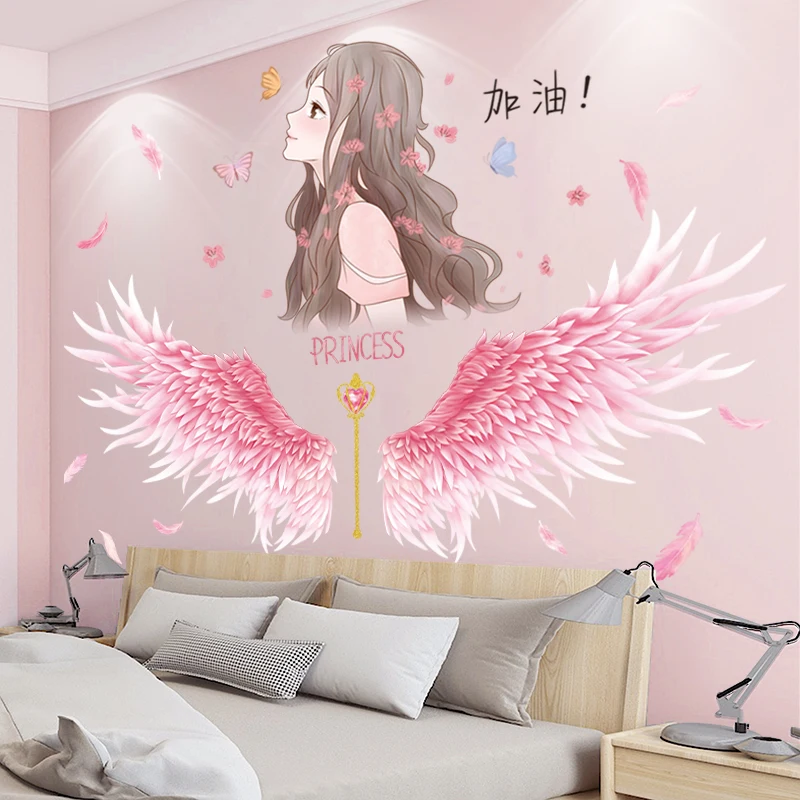 

[shijuekongjian] Cartoon Girl Wall Stickers DIY Feather Wings Mural Decals for Kids Room Baby Bedroom Nursery Home Decoration