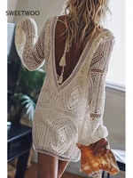 2021 summer new knitted beach cover up bikini swimsuit cover up hollow out beach dress tassel bathing suits cover ups beachwear