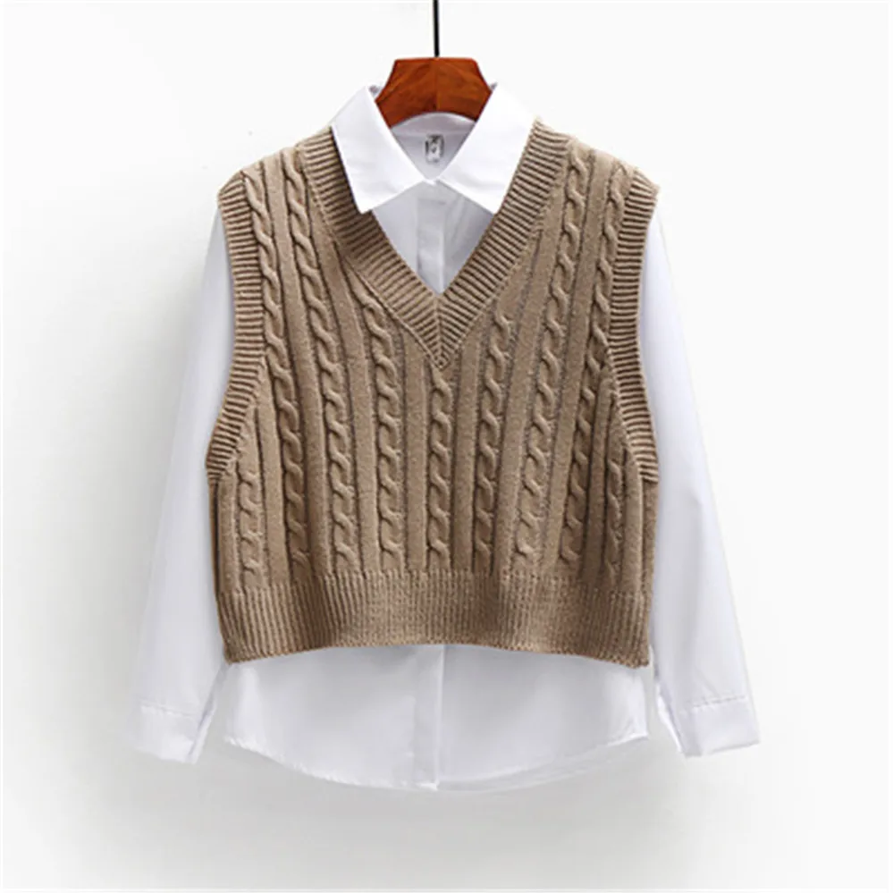 

2020 Womens Elegant 1PCS Student V-neck Pullover Korean Casual Knitting Tops Outerwear Autumn Women Sweater Vest Korean Fashion