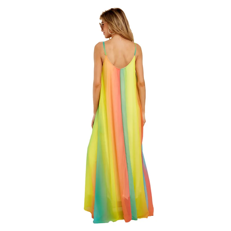 

Rainbow Gradient Summer Chiffon Dress Women Straped Backless Plus Size Beach Dress Elegant Ladies Sleeveless Maxi Long Dresses