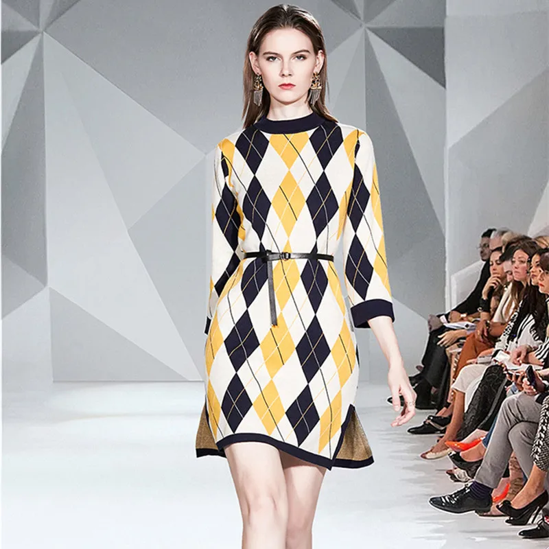 Женское шерстяное платье-свитер с геометрическим узором элегантное свободное