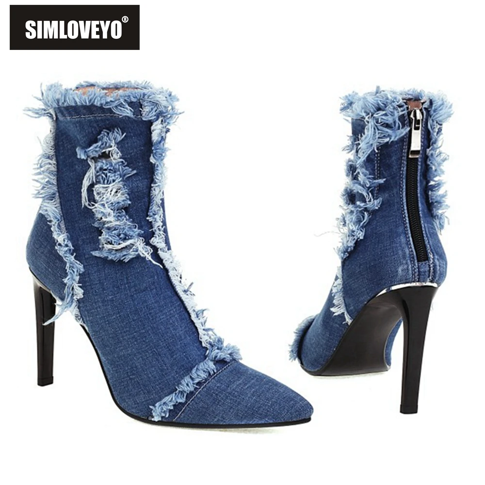 

SIMLOVEYO 2021 Autumn Design Ripped Denim Ankle Boots Pointed Toe Stiletto High Heel Back Zip Fur inside Small Size 33-45 S2479
