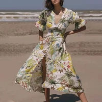 2021 huai summer printed retro long skirt of tall waist show thin v neck hubble bubble sleeve single breasted fashion dress