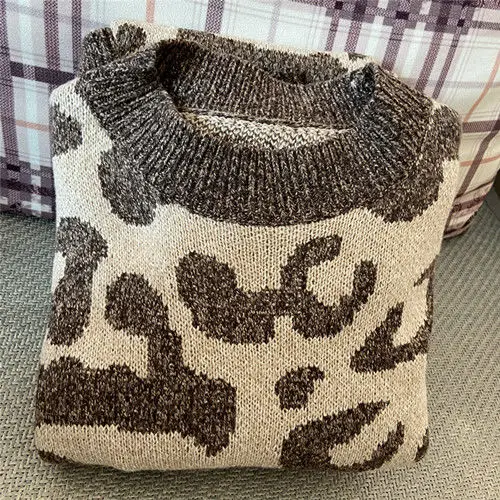 

Sweater women's suit new two pieces loose Korean leopard print round neck knitwear pants