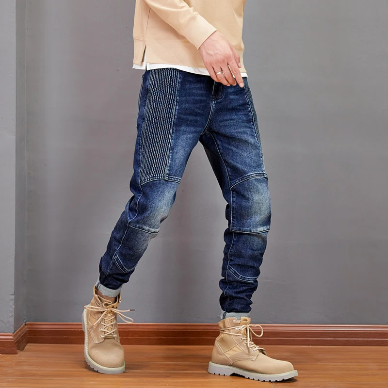 Newly Street Style Fashion Men Jeans Retro Blue Elastic Slim Fit Spliced Designer Biker Jeans Men Hip Hop Denim Punk Pants Homme