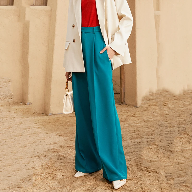 [EAM] High Waist Blue Pleated Split Joint Long Wide Leg Trousers New Loose Fit Pants Women Fashion Spring Autumn 2021 1DA645